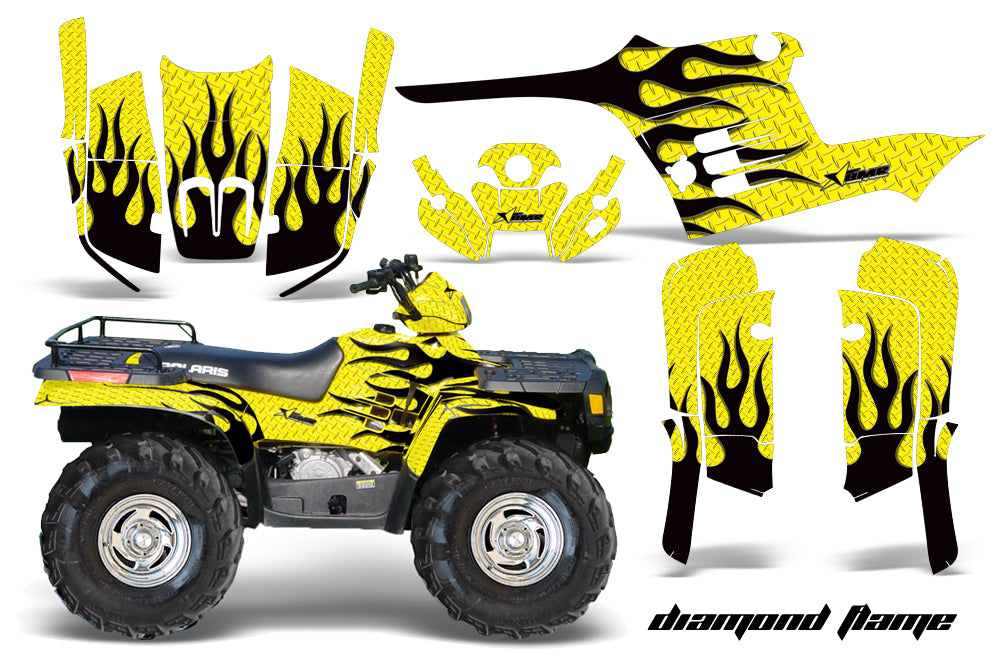 ATV Graphics Kit Decal Wrap For Polaris Sportsman 400 500 1995-2004 DIAMOND FLAMES BLACK YELLOW-atv motorcycle utv parts accessories gear helmets jackets gloves pantsAll Terrain Depot