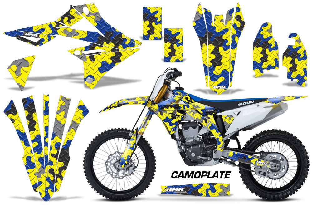 Dirt Bike Graphics Kit Decal Sticker Wrap For Suzuki RMZ450 2018+ CAMOPLATE YELLOW BLUE-atv motorcycle utv parts accessories gear helmets jackets gloves pantsAll Terrain Depot