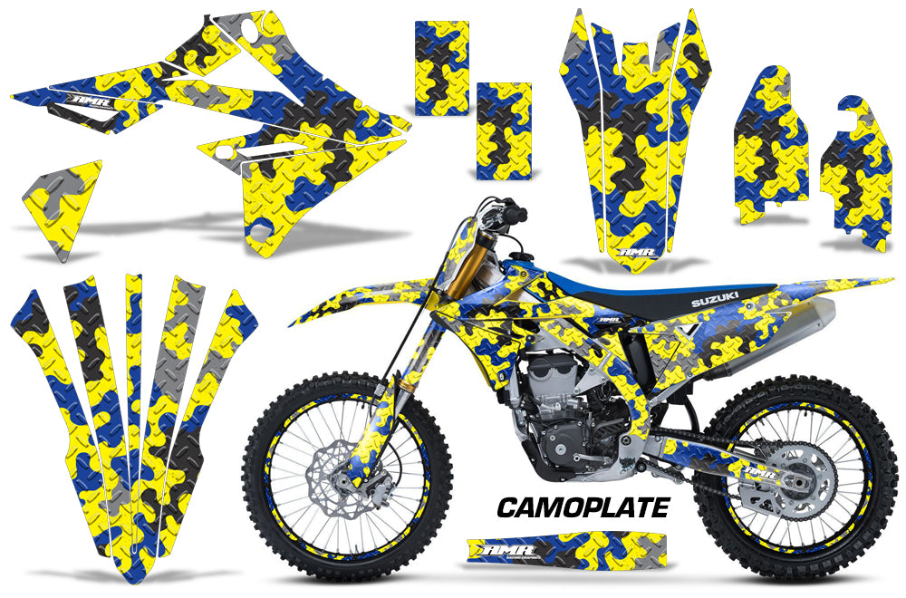 Graphics Kit Decal Sticker Wrap + # Plates For Suzuki RMZ450 2018+ CAMOPLATE BLUE YELLOW-atv motorcycle utv parts accessories gear helmets jackets gloves pantsAll Terrain Depot