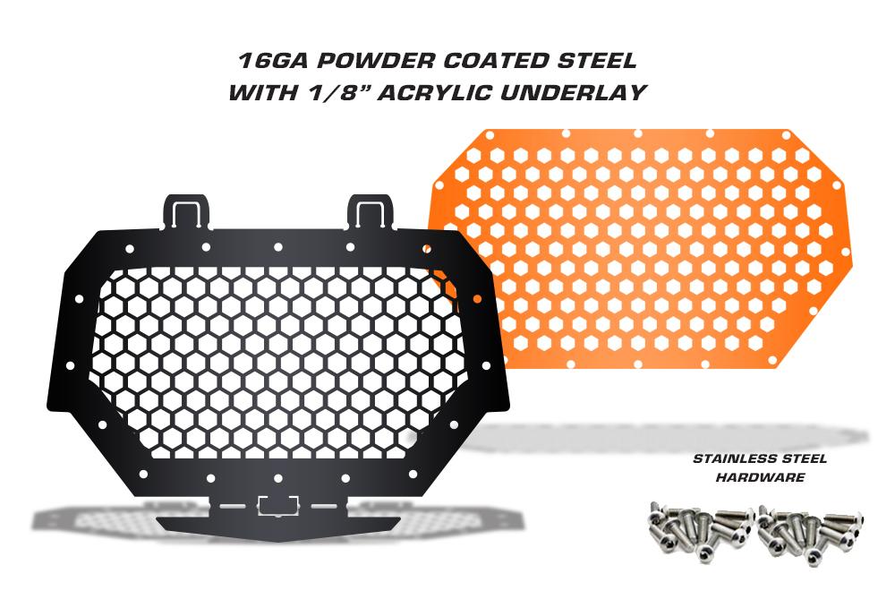 1 Piece Steel Grille for Polaris RZR 1000 2015-2017 - HEX w/ ORANGE ACRYLIC UNDERLAY-atv motorcycle utv parts accessories gear helmets jackets gloves pantsAll Terrain Depot