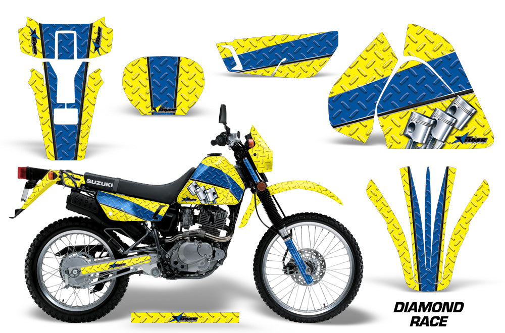 Dirt Bike Graphics Kit Decal Sticker Wrap For Suzuki DRZ200SE 1996-2009 DIAMOND RACE BLUE YELLOW-atv motorcycle utv parts accessories gear helmets jackets gloves pantsAll Terrain Depot