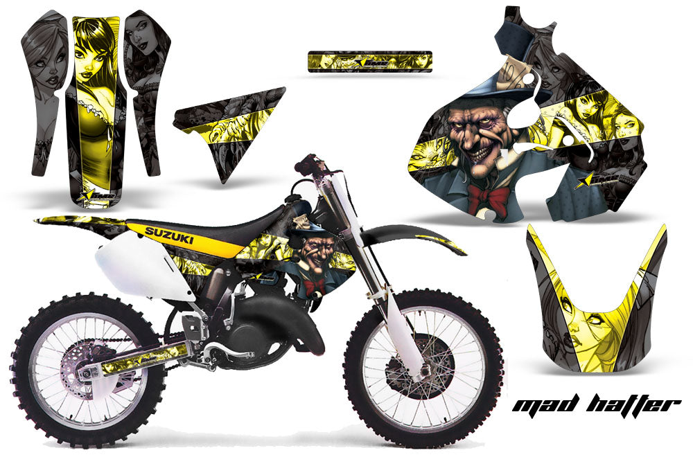 Dirt Bike Graphics Kit Decal Sticker Wrap For Suzuki RM125 1999-2000 HATTER BLACK YELLOW-atv motorcycle utv parts accessories gear helmets jackets gloves pantsAll Terrain Depot