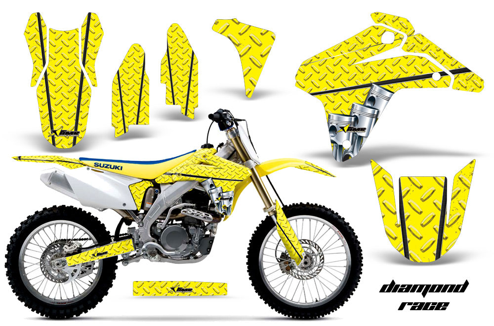 Dirt Bike Graphics Kit Decal Sticker Wrap For Suzuki RMZ450 2005-2006 DIAMOND RACE YELLOW-atv motorcycle utv parts accessories gear helmets jackets gloves pantsAll Terrain Depot