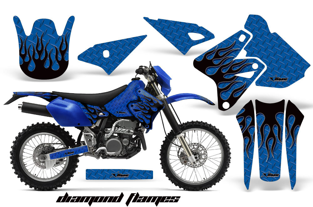Dirt Bike Graphics Kit Decal Sticker Wrap For Suzuki DRZ400S 2000-2018 DIAMOND FLAMES BLACK BLUE-atv motorcycle utv parts accessories gear helmets jackets gloves pantsAll Terrain Depot