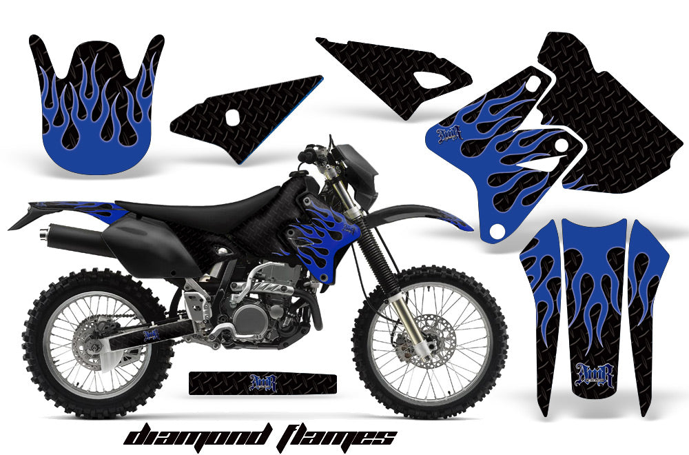 Dirt Bike Graphics Kit Decal Sticker Wrap For Suzuki DRZ400S 2000-2018 DIAMOND FLAMES BLUE BLACK-atv motorcycle utv parts accessories gear helmets jackets gloves pantsAll Terrain Depot