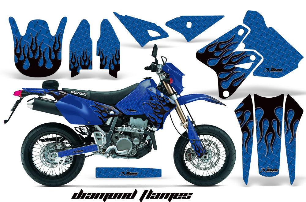 Dirt Bike Graphics Kit Decal Sticker Wrap For Suzuki DRZ400SM 2000-2018 DIAMOND FLAMES BLACK BLUE-atv motorcycle utv parts accessories gear helmets jackets gloves pantsAll Terrain Depot