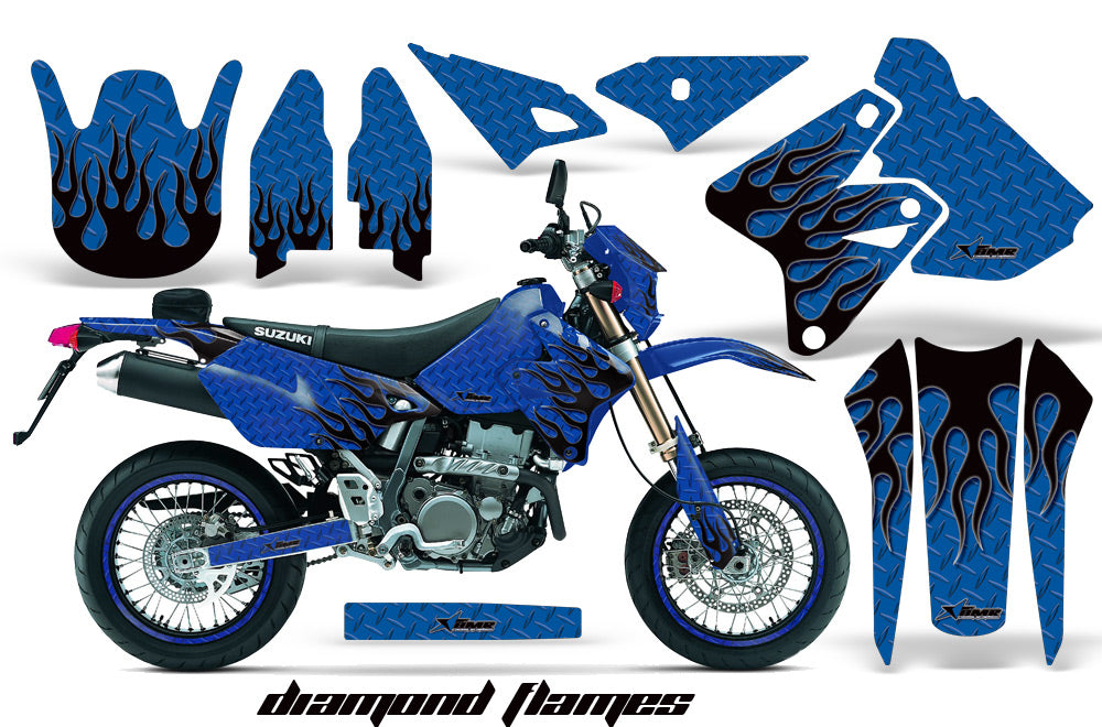 Graphics Kit Decal Sticker Wrap + # Plates For Suzuki DRZ400SM 2000-2018 DIAMOND FLAMES BLACK BLUE-atv motorcycle utv parts accessories gear helmets jackets gloves pantsAll Terrain Depot