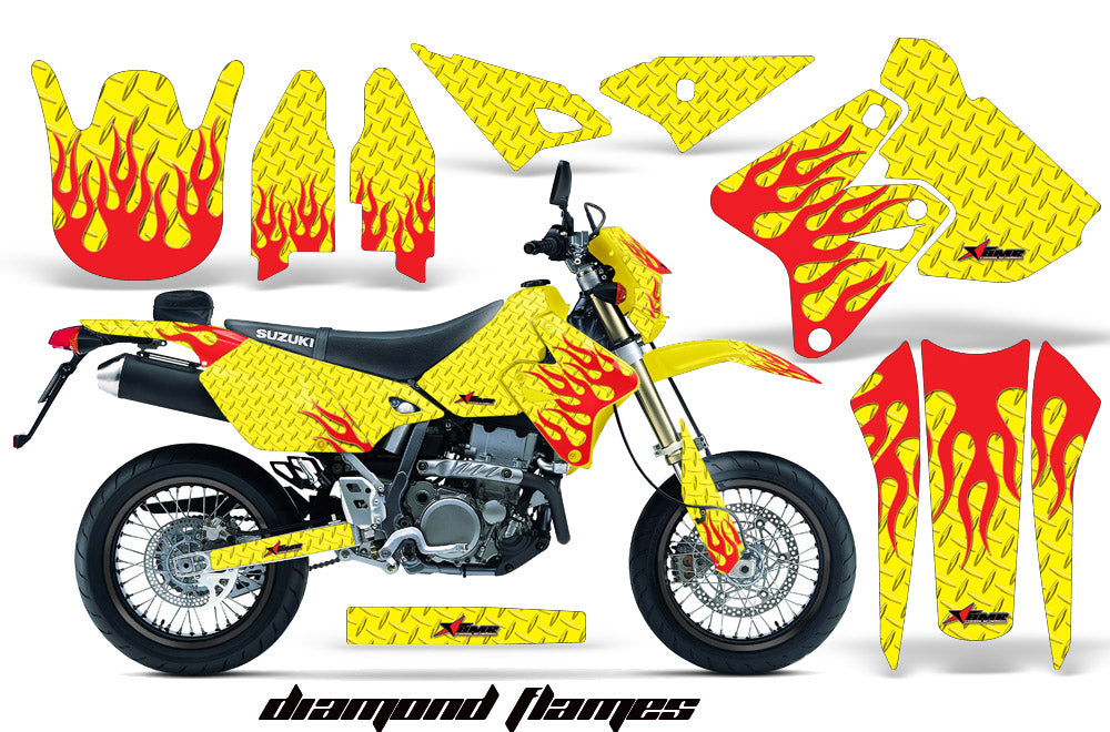 Graphics Kit Decal Sticker Wrap + # Plates For Suzuki DRZ400SM 2000-2018 DIAMOND FLAMES RED YELLOW-atv motorcycle utv parts accessories gear helmets jackets gloves pantsAll Terrain Depot