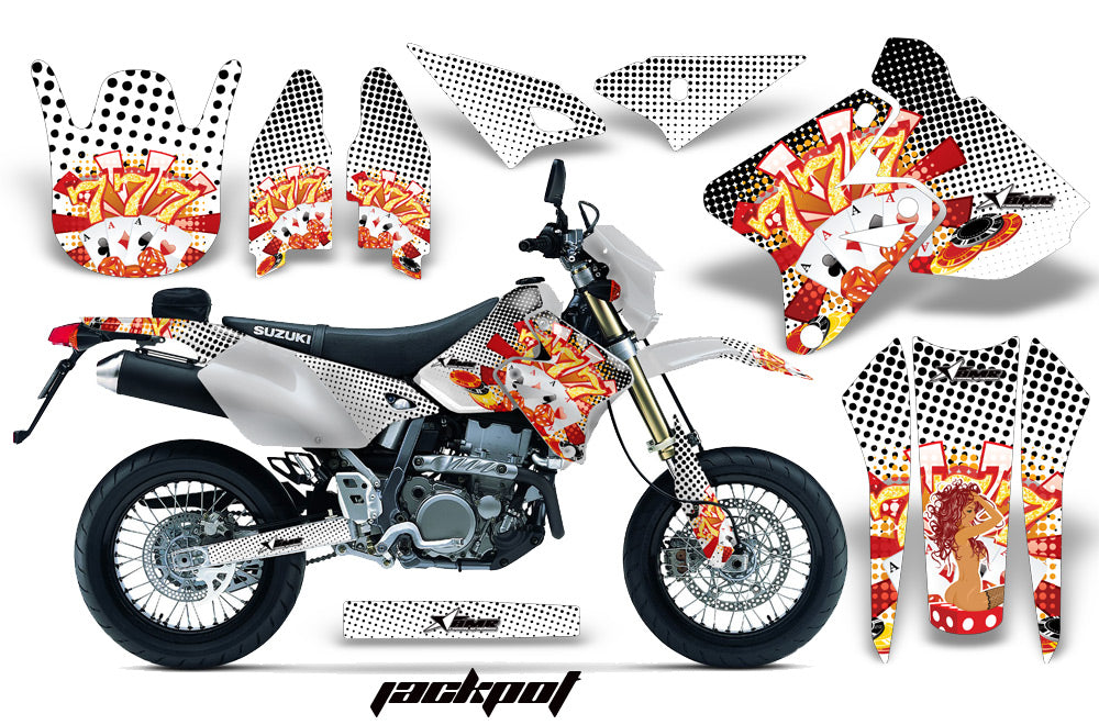 Dirt Bike Graphics Kit Decal Sticker Wrap For Suzuki DRZ400SM 2000-2018 JACKPOT WHITE-atv motorcycle utv parts accessories gear helmets jackets gloves pantsAll Terrain Depot