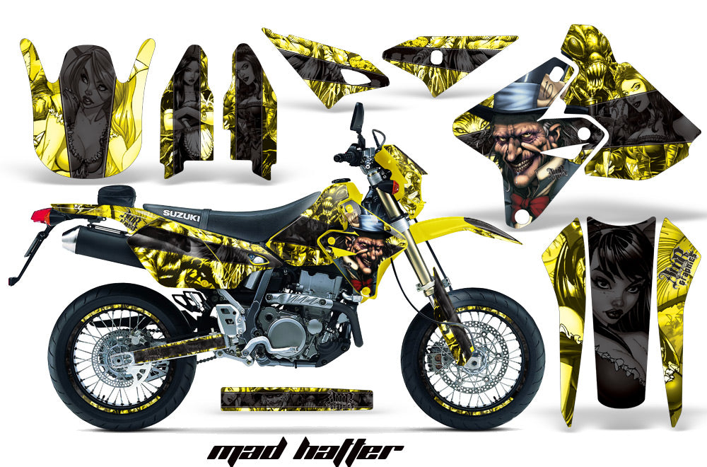 Graphics Kit Decal Sticker Wrap + # Plates For Suzuki DRZ400SM 2000-2018 HATTER BLACK YELLOW-atv motorcycle utv parts accessories gear helmets jackets gloves pantsAll Terrain Depot