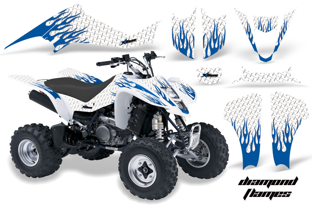 ATV Graphics Kit Decal Sticker Wrap For Kawasaki KFX400 2003-2008 DIAMOND FLAMES BLUE WHITE-atv motorcycle utv parts accessories gear helmets jackets gloves pantsAll Terrain Depot