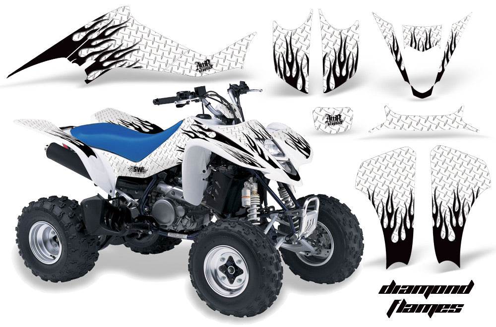 ATV Graphics Kit Decal Sticker Wrap For Kawasaki KFX400 2003-2008 DIAMOND FLAMES BLACK WHITE-atv motorcycle utv parts accessories gear helmets jackets gloves pantsAll Terrain Depot