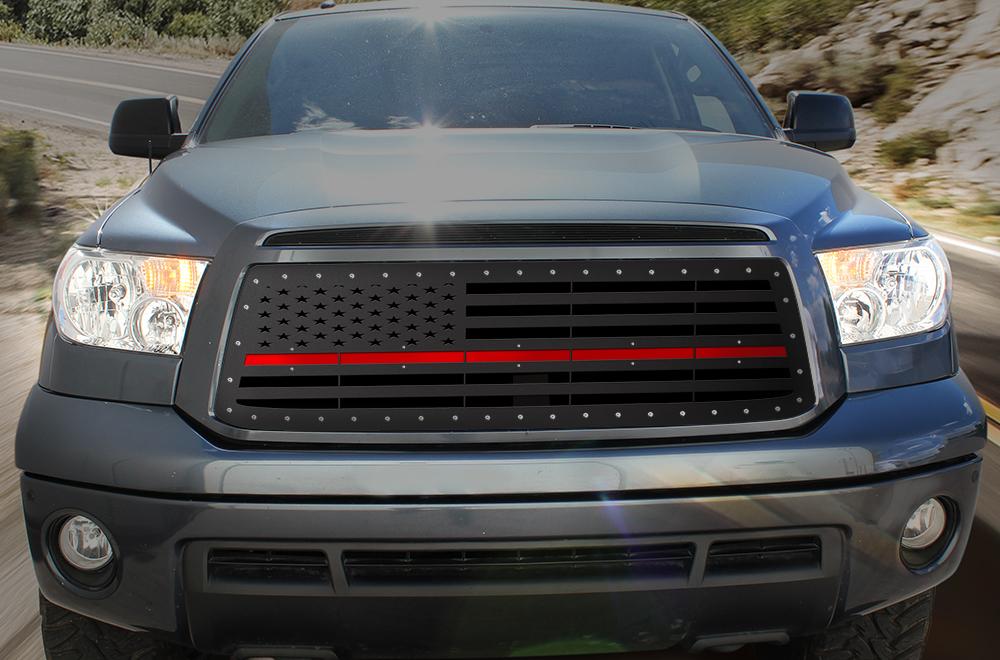 1 Piece Steel Grille for Toyota Tundra 2010-2013 - AMERICAN FLAG w/ RED ACRYLIC UNDERLAY-atv motorcycle utv parts accessories gear helmets jackets gloves pantsAll Terrain Depot