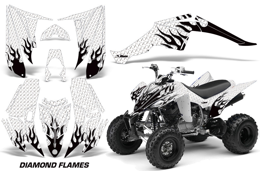 ATV Decal Graphic Kit Quad Sticker Wrap For Yamaha Raptor 350 2004-2014 DIAMOND FLAMES BLACK WHITE-atv motorcycle utv parts accessories gear helmets jackets gloves pantsAll Terrain Depot