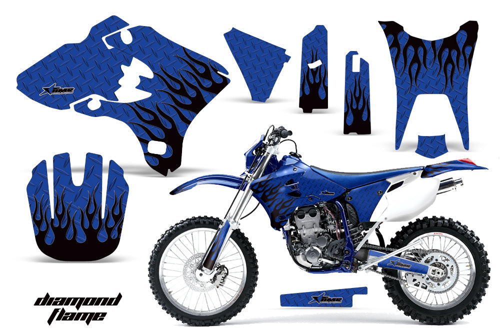 Dirt Bike Graphics Kit Decal Wrap For Yamaha WR250F WR450F 2003-2004 DIAMOND FLAMES BLACK BLUE-atv motorcycle utv parts accessories gear helmets jackets gloves pantsAll Terrain Depot