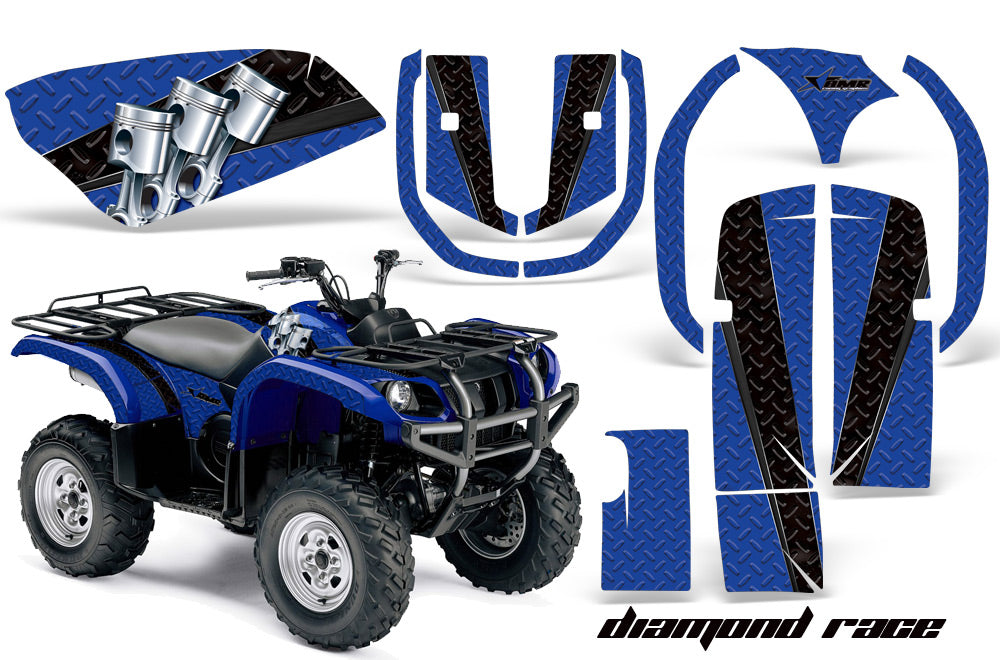ATV Graphics Kit Quad Decal Wrap For Yamaha Grizzly YFM 660 2002-2008 DIAMOND RACE BLACK BLUE-atv motorcycle utv parts accessories gear helmets jackets gloves pantsAll Terrain Depot