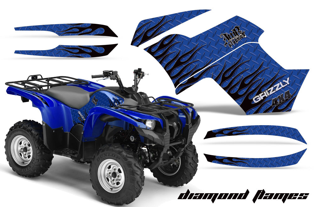 ATV Graphics Kit Quad Decal Wrap For Yamaha Grizzly 550 700 2007-2014 DIAMOND FLAMES BLACK BLUE-atv motorcycle utv parts accessories gear helmets jackets gloves pantsAll Terrain Depot