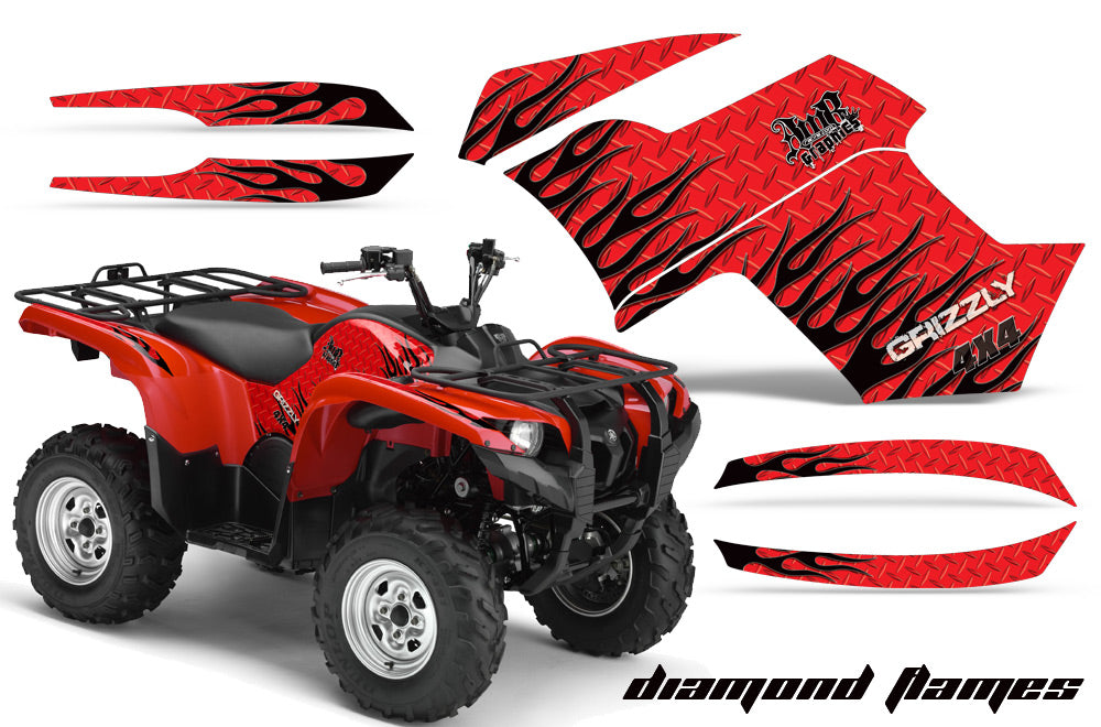 ATV Graphics Kit Quad Decal Wrap For Yamaha Grizzly 550 700 2007-2014 DIAMOND FLAMES BLACK RED-atv motorcycle utv parts accessories gear helmets jackets gloves pantsAll Terrain Depot