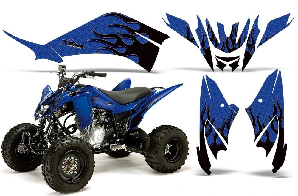ATV Decal Graphic Kit Quad Sticker Wrap For Yamaha Raptor 125 2011-2013 DIAMOND FLAMES BLACK BLUE-atv motorcycle utv parts accessories gear helmets jackets gloves pantsAll Terrain Depot