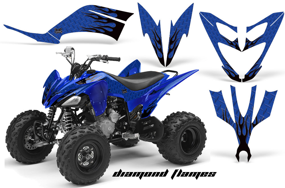 ATV Decal Graphic Kit Quad Sticker Wrap For Yamaha Raptor 250 2008-2014 DIAMOND FLAMES BLACK BLUE-atv motorcycle utv parts accessories gear helmets jackets gloves pantsAll Terrain Depot