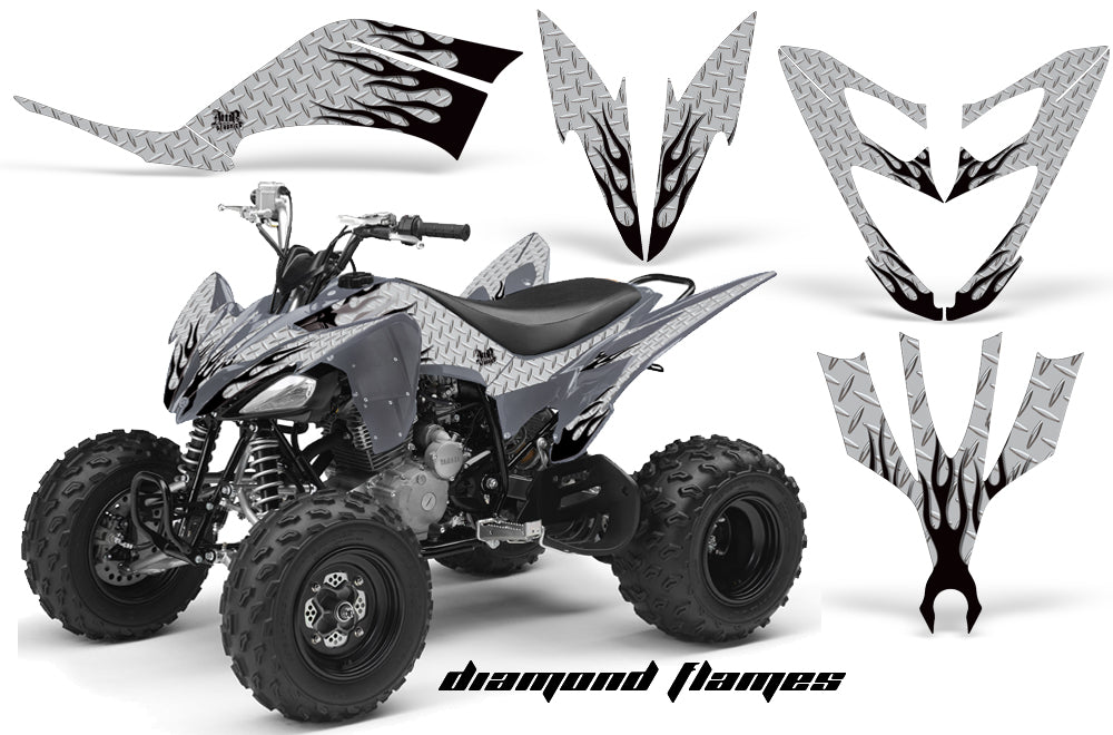 ATV Decal Graphic Kit Quad Sticker Wrap For Yamaha Raptor 250 2008-2014 DIAMOND FLAMES BLACK SILVER-atv motorcycle utv parts accessories gear helmets jackets gloves pantsAll Terrain Depot