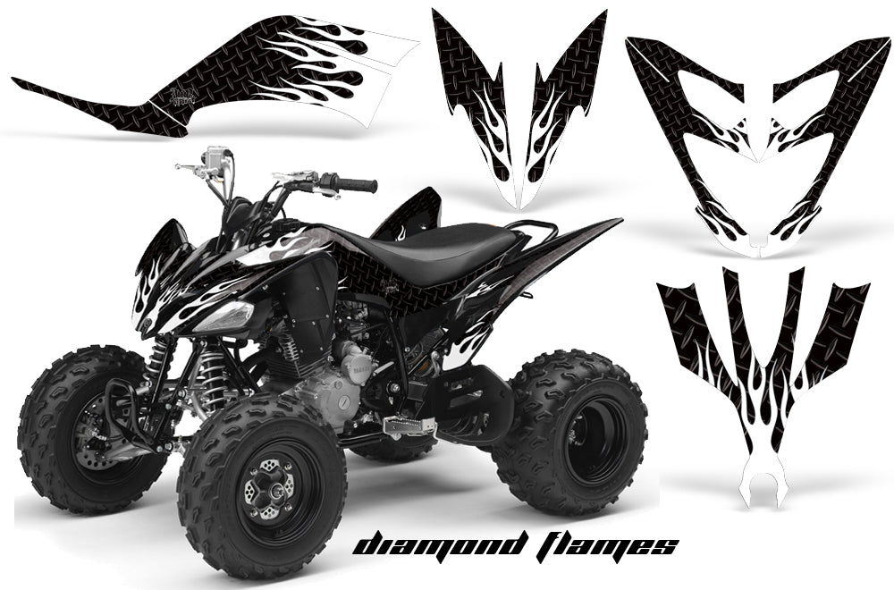 ATV Decal Graphic Kit Quad Sticker Wrap For Yamaha Raptor 250 2008-2014 DIAMOND FLAMES WHITE BLACK-atv motorcycle utv parts accessories gear helmets jackets gloves pantsAll Terrain Depot