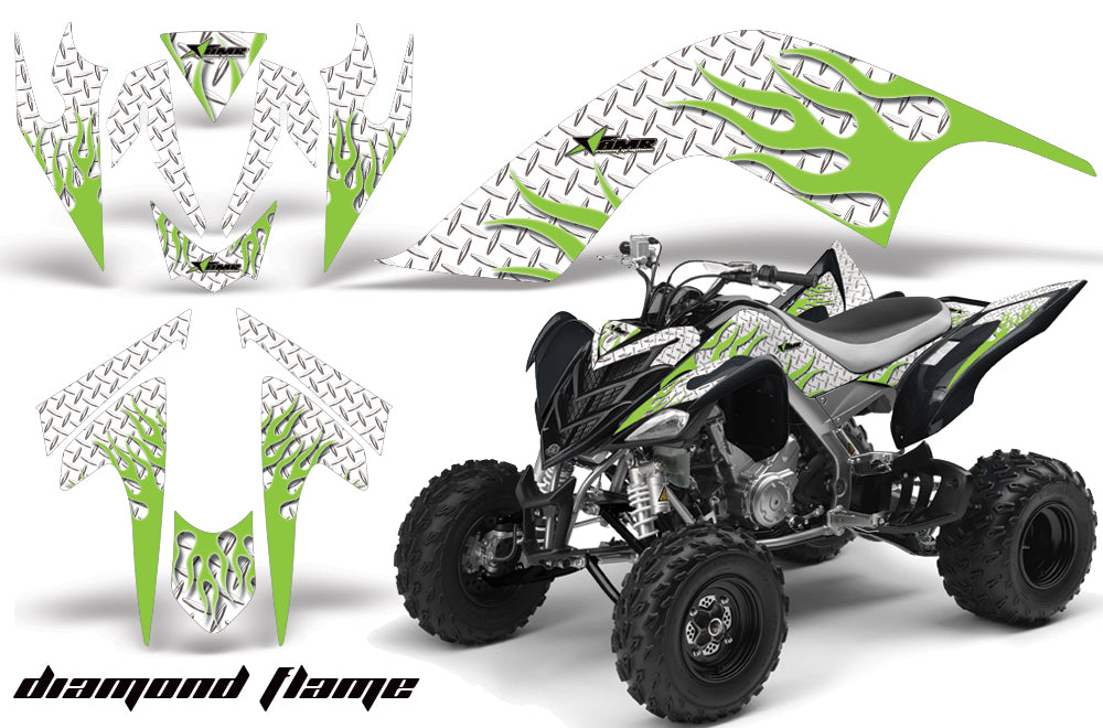 ATV Graphics Kit Quad Decal Sticker Wrap For Yamaha Raptor 700 2006-2012 DIAMOND FLAMES GREEN WHITE-atv motorcycle utv parts accessories gear helmets jackets gloves pantsAll Terrain Depot