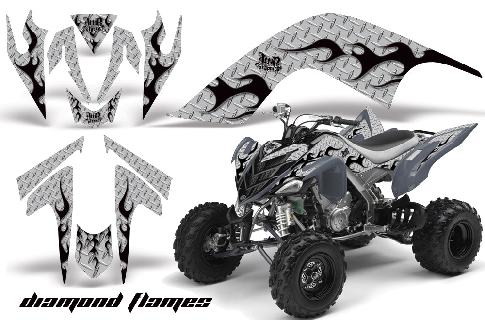 ATV Graphics Kit Quad Decal Sticker Wrap For Yamaha Raptor 700 2006-2012 DIAMOND FLAMES BLACK SILVER-atv motorcycle utv parts accessories gear helmets jackets gloves pantsAll Terrain Depot