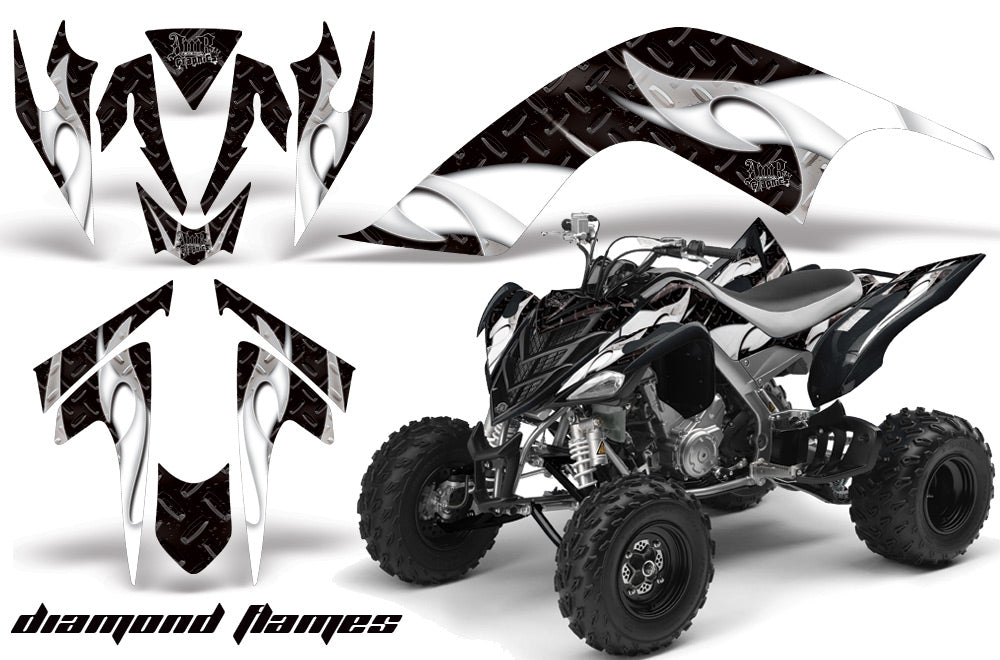 ATV Graphics Kit Quad Decal Sticker Wrap For Yamaha Raptor 700 2006-2012 DIAMOND FLAMES WHITE BLACK-atv motorcycle utv parts accessories gear helmets jackets gloves pantsAll Terrain Depot