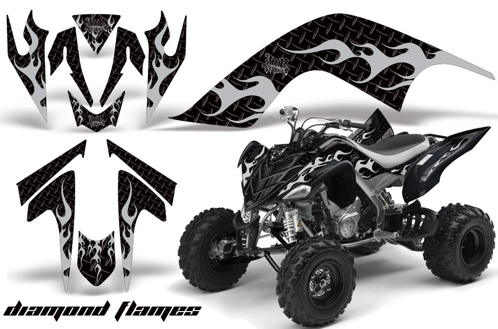 ATV Graphics Kit Quad Decal Sticker Wrap For Yamaha Raptor 700 2006-2012 DIAMOND FLAMES SILVER BLACK-atv motorcycle utv parts accessories gear helmets jackets gloves pantsAll Terrain Depot