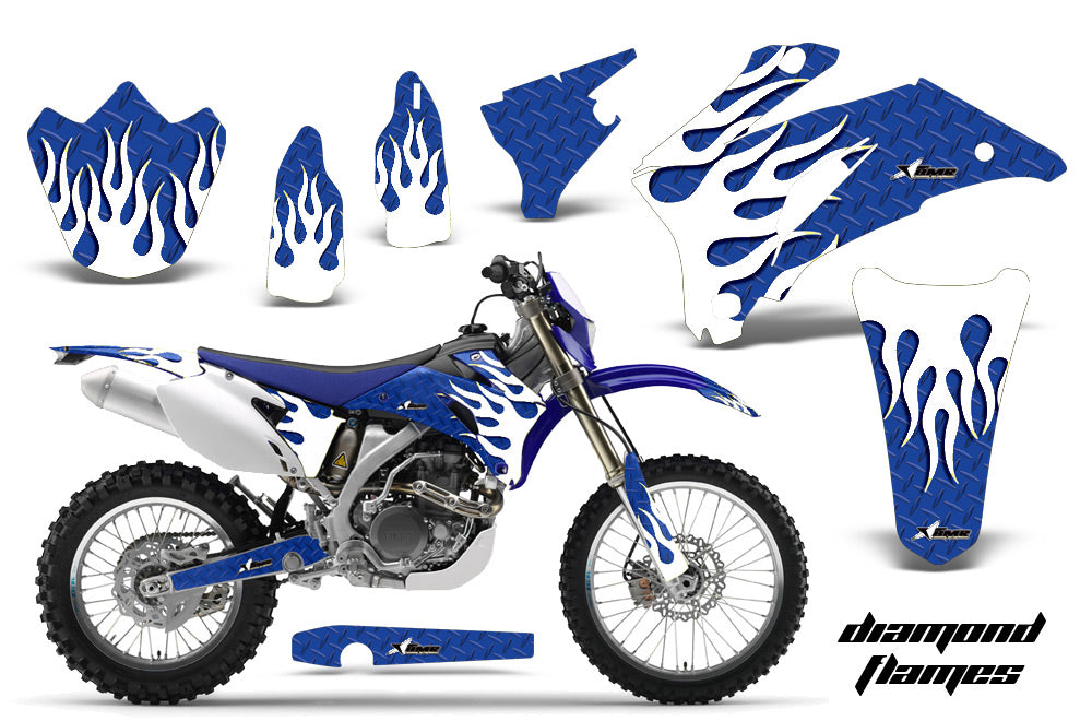 Dirt Bike Graphics Kit Decal Wrap For Yamaha WR250F 2007-2014 WR450F 2007-2011 DIAMOND FLAMES WHITE BLUE-atv motorcycle utv parts accessories gear helmets jackets gloves pantsAll Terrain Depot