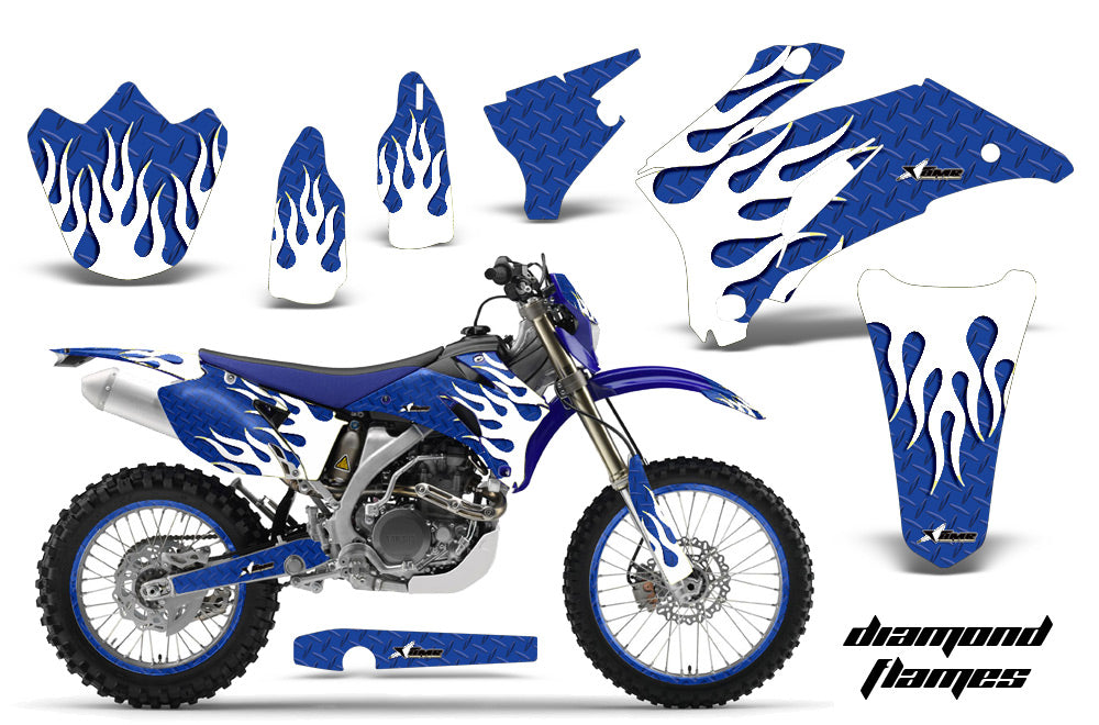 Graphics Kit Decal Wrap + # Plates For Yamaha WR250F 2007-2014 WR450F 2007-2011 DIAMOND FLAMES WHITE BLUE-atv motorcycle utv parts accessories gear helmets jackets gloves pantsAll Terrain Depot
