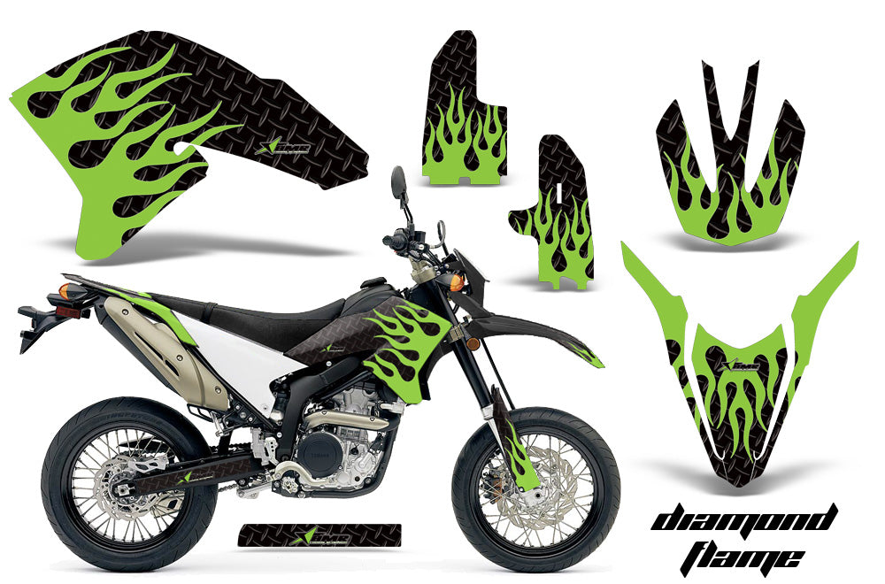 Dirt Bike Decal Graphics Kit Wrap For Yamaha WR250R WR250X 2007-2016 DIAMOND FLAMES GREEN BLACK-atv motorcycle utv parts accessories gear helmets jackets gloves pantsAll Terrain Depot