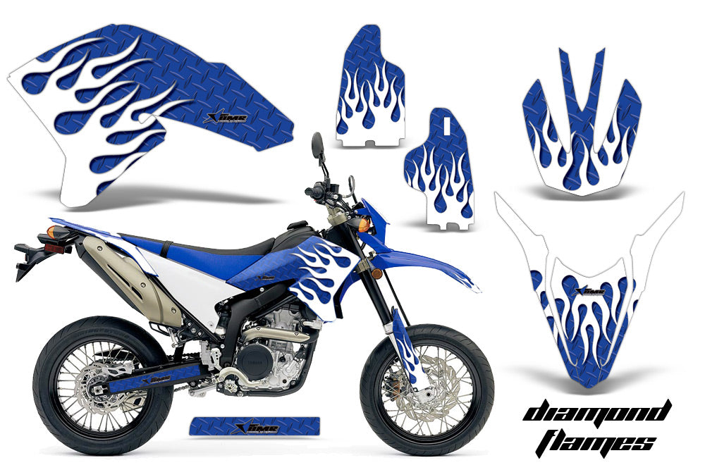 Dirt Bike Decal Graphics Kit Wrap For Yamaha WR250R WR250X 2007-2016 DIAMOND FLAMES WHITE BLUE-atv motorcycle utv parts accessories gear helmets jackets gloves pantsAll Terrain Depot