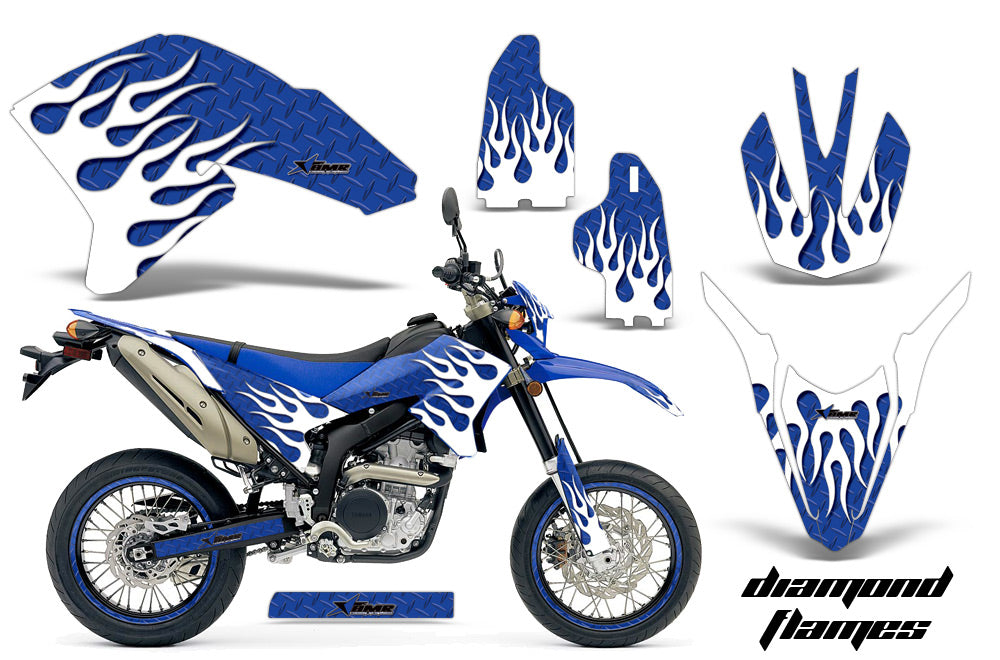 Graphics Kit Decals Sticker Wrap + # Plates For Yamaha WR250R WR250X 2007-2016 DIAMOND FLAMES WHITE BLUE-atv motorcycle utv parts accessories gear helmets jackets gloves pantsAll Terrain Depot
