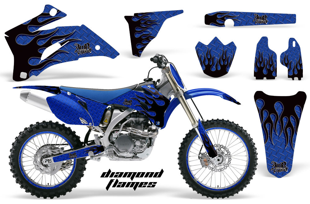 Graphics Kit Decal Wrap + # Plates For Yamaha YZ250F YZ450F 2006-2009 DIAMOND FLAMES BLACK BLUE-atv motorcycle utv parts accessories gear helmets jackets gloves pantsAll Terrain Depot