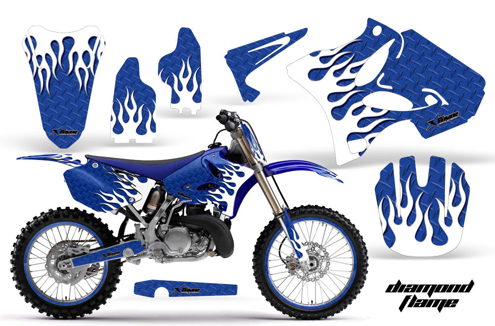 Graphics Kit Decal Sticker Wrap + # Plates For Yamaha YZ125 YZ250 2002-2014 DIAMOND FLAMES BLUE WHITE-atv motorcycle utv parts accessories gear helmets jackets gloves pantsAll Terrain Depot