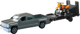 NEW-RAY REPLICA 1:43 TRK/TRAILER/BIKE CHEVY SILVER/BIKE ORANGE 19535A