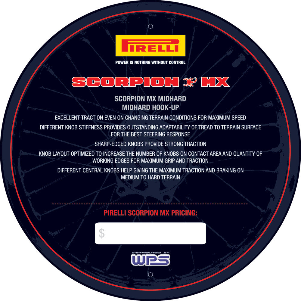 PIRELLI TIRE INSERT DISPLAY SIGN SCORPION MX MID-HARD PIRELLI SC HARD SIGN