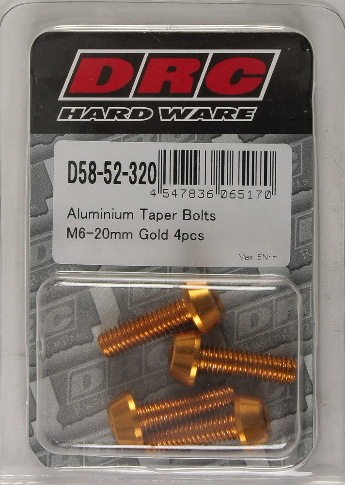 DRC ALUMINUM TAPER BOLTS GOLD M6X20MM 4/PK D58-52-320