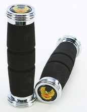 Load image into Gallery viewer, EMGO ROADHAWK GRIPS BLACK W/CHROME END CAP 7/8&quot;X5.5&quot; 42-40600