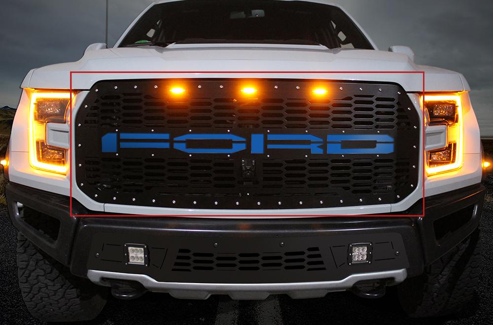 1 Piece Steel Grille for Ford Raptor SVT 2017-2018 - FORD w/ BLUE ACRYLIC UNDERLAY-atv motorcycle utv parts accessories gear helmets jackets gloves pantsAll Terrain Depot