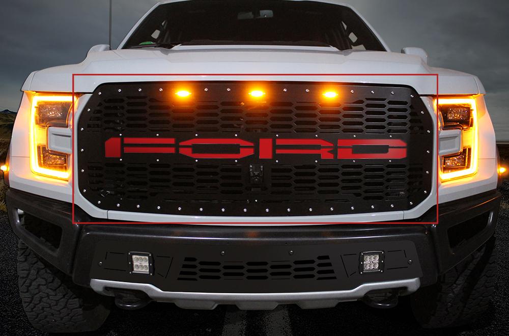 1 Piece Steel Grille for Ford Raptor SVT 2017-2018 - FORD w/ RED ACRYLIC UNDERLAY-atv motorcycle utv parts accessories gear helmets jackets gloves pantsAll Terrain Depot