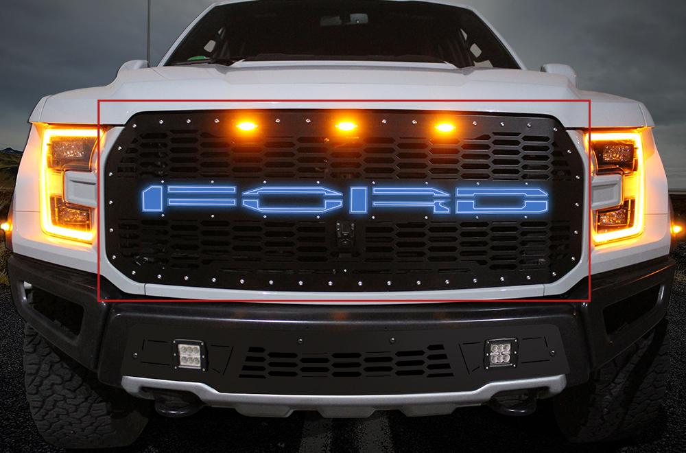 1 Piece Steel Grille for Ford Raptor SVT 2017-2018 - FORD BLUE LED X-LITE-atv motorcycle utv parts accessories gear helmets jackets gloves pantsAll Terrain Depot