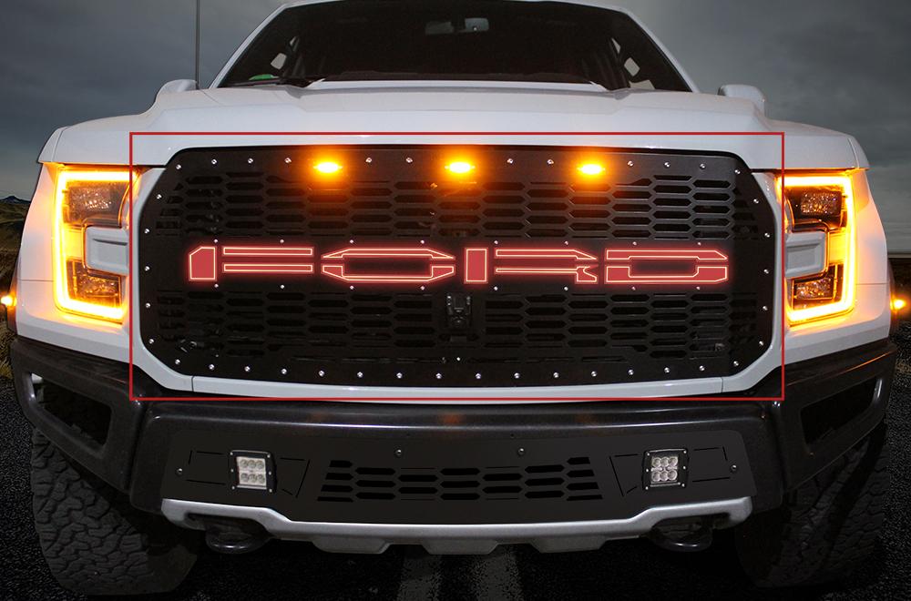 1 Piece Steel Grille for Ford Raptor SVT 2017-2018 - FORD RED LED X-LITE-atv motorcycle utv parts accessories gear helmets jackets gloves pantsAll Terrain Depot