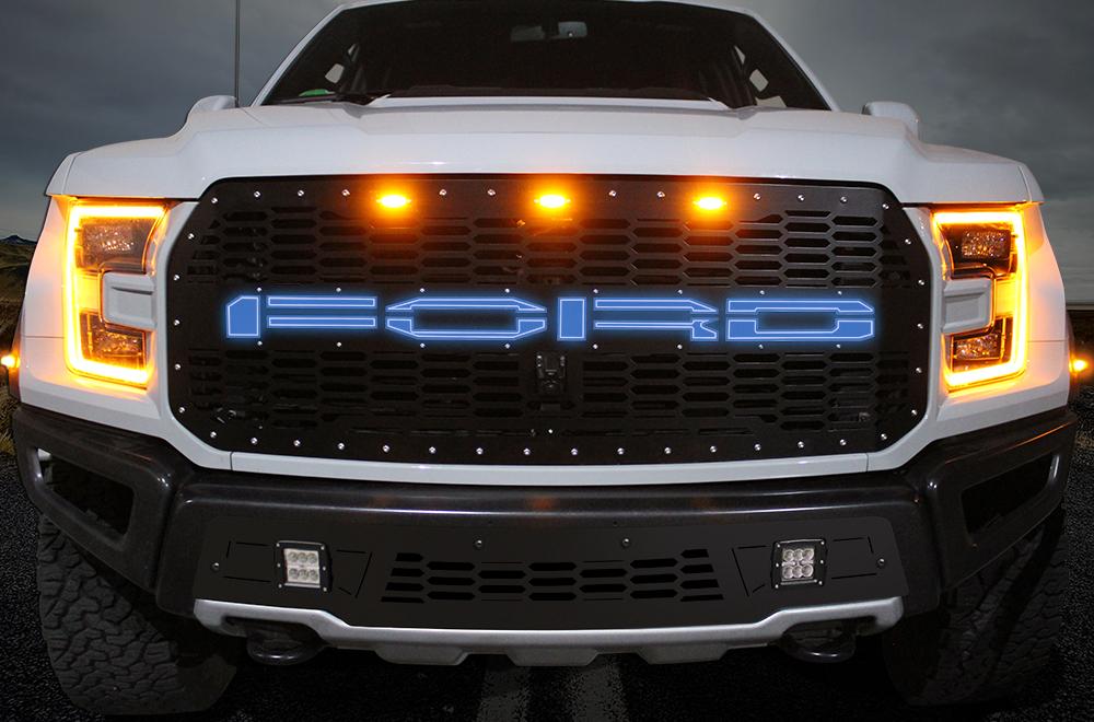 1 Piece Steel Grille for Ford Raptor SVT 2017-2018 - FORD BLUE LED X-LITE-atv motorcycle utv parts accessories gear helmets jackets gloves pantsAll Terrain Depot