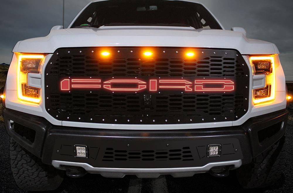 1 Piece Steel Grille for Ford Raptor SVT 2017-2018 - FORD RED LED X-LITE-atv motorcycle utv parts accessories gear helmets jackets gloves pantsAll Terrain Depot