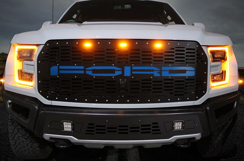 1 Piece Steel Grille for Ford Raptor SVT 2017-2018 - FORD w/ BLUE ACRYLIC UNDERLAY-atv motorcycle utv parts accessories gear helmets jackets gloves pantsAll Terrain Depot