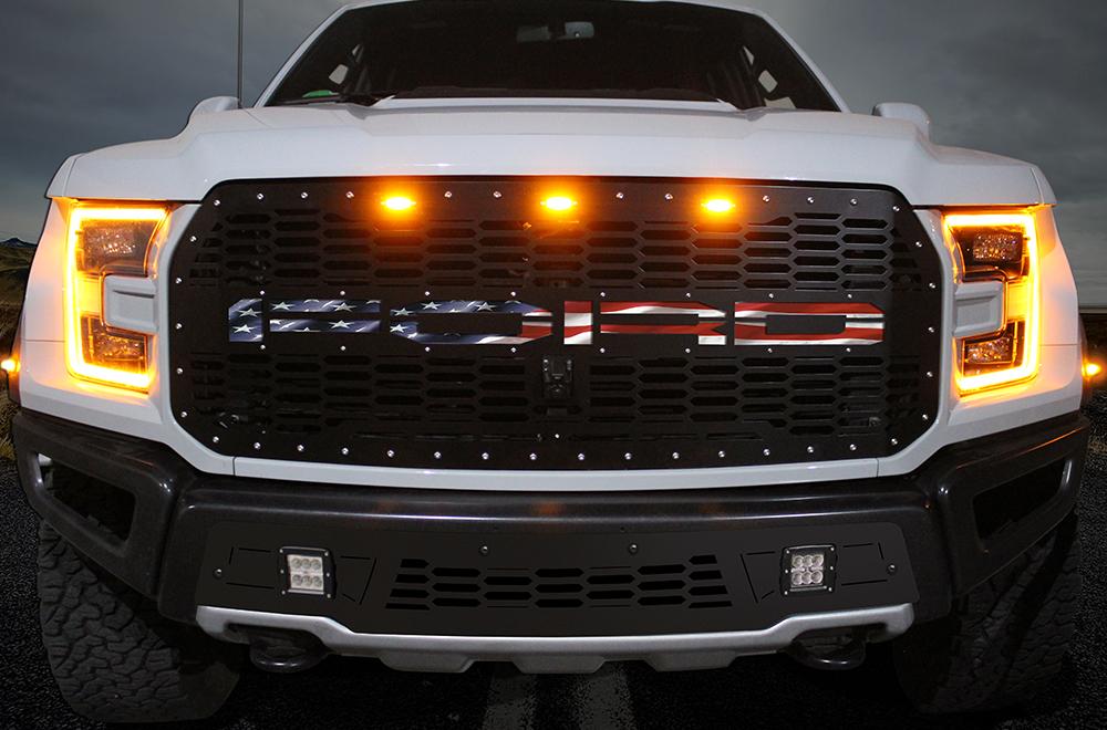 1 Piece Steel Grille for Ford Raptor SVT 2017-2018 - FORD w/ AMERICAN FLAG UNDERLAY-atv motorcycle utv parts accessories gear helmets jackets gloves pantsAll Terrain Depot