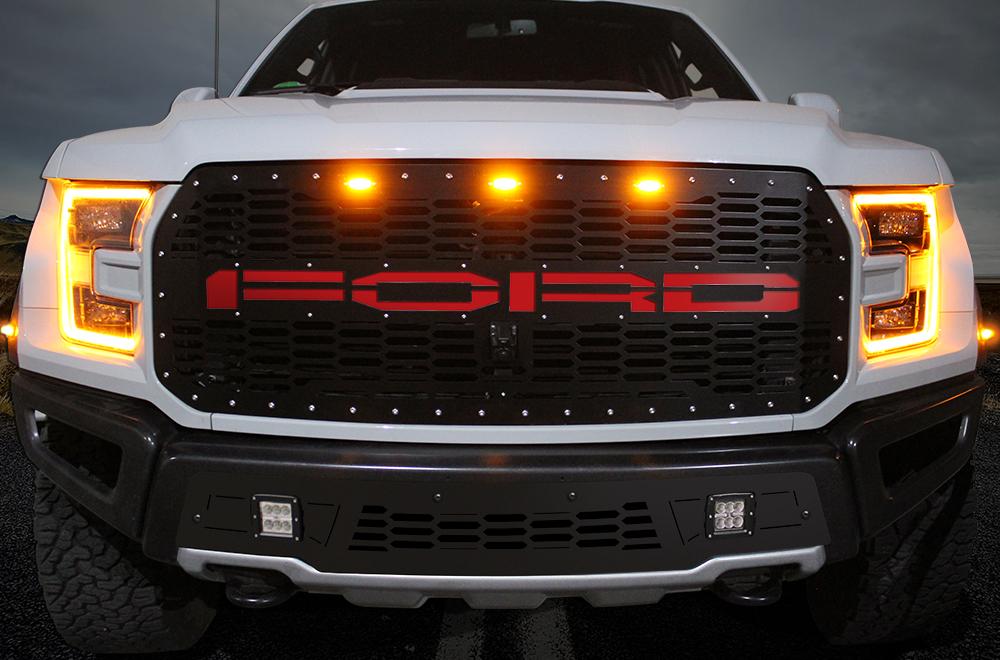 1 Piece Steel Grille for Ford Raptor SVT 2017-2018 - FORD w/ RED ACRYLIC UNDERLAY-atv motorcycle utv parts accessories gear helmets jackets gloves pantsAll Terrain Depot